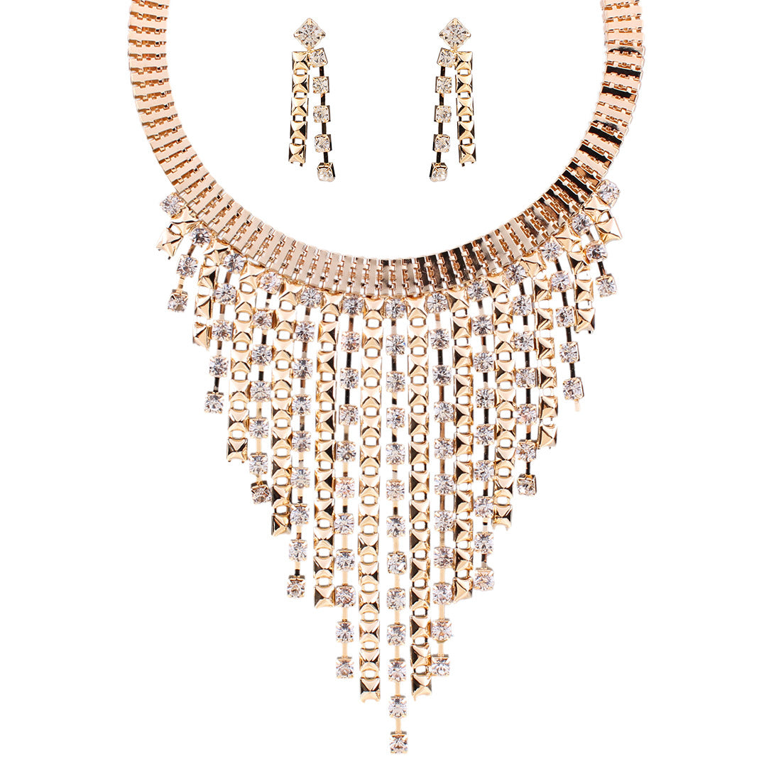 Multi-layer Tassel Diamond Necklace And Earrings Suite - Riva's Treasure 