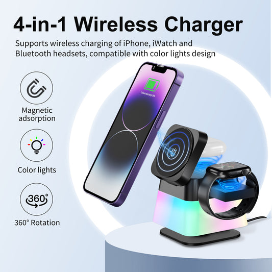 4 In 1 Rotatable Wireless Charger Stand For Phone 15 14 13 12 Pro Max 8 7 Holder Magnetic Fast Charging Station - Riva's Treasure 